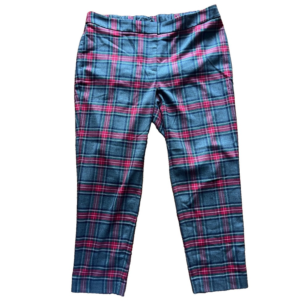 Talbots Womens Pants Red Gray Plaid Slim Ankle Stretch‎ Wool Blend Size 16W